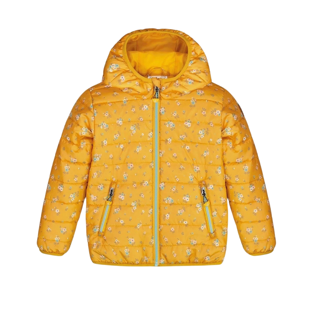 MANTEAU MATELASSÉ MI-SAISON DEUX PAR DEUX À IMPRIMÉ POUR ENFANT couleur PRINTED FLOWERS vu du manteau jaune avec imprimé de petites fleurs à plat de face