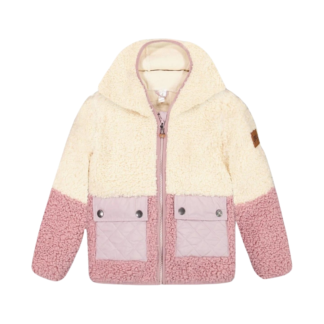 VESTE EN SHERPA DEUX PAR DEUX À CAPUCHON couleur BONE WHITE vu de la veste blanche cassée et rose à plat de face