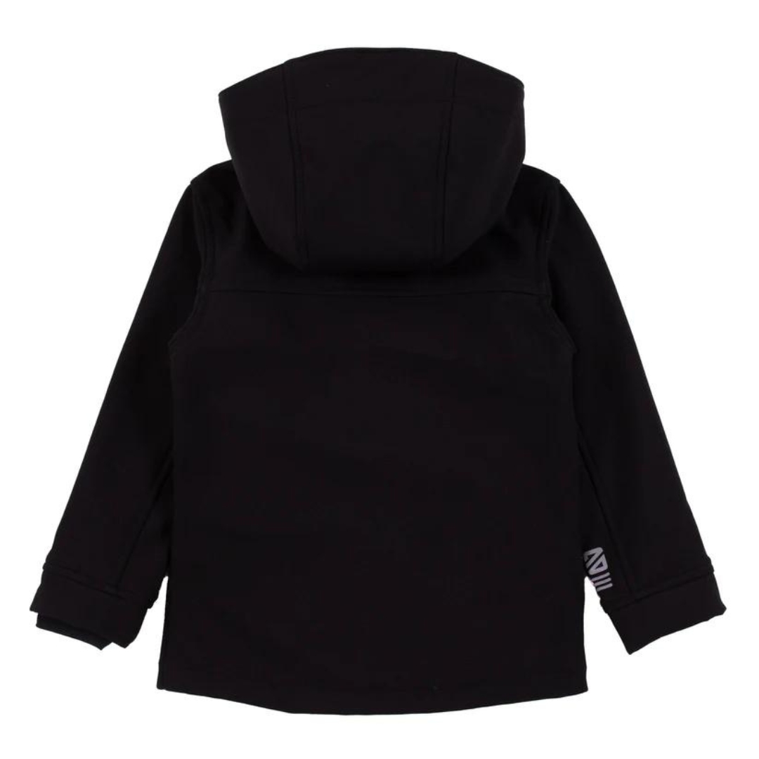 COQUILLE SOUPLE NANÖ IMPERMÉABLE POUR ENFANT (7 À 14) couleur noir vu du manteau noir avec capuchon à plat de dos