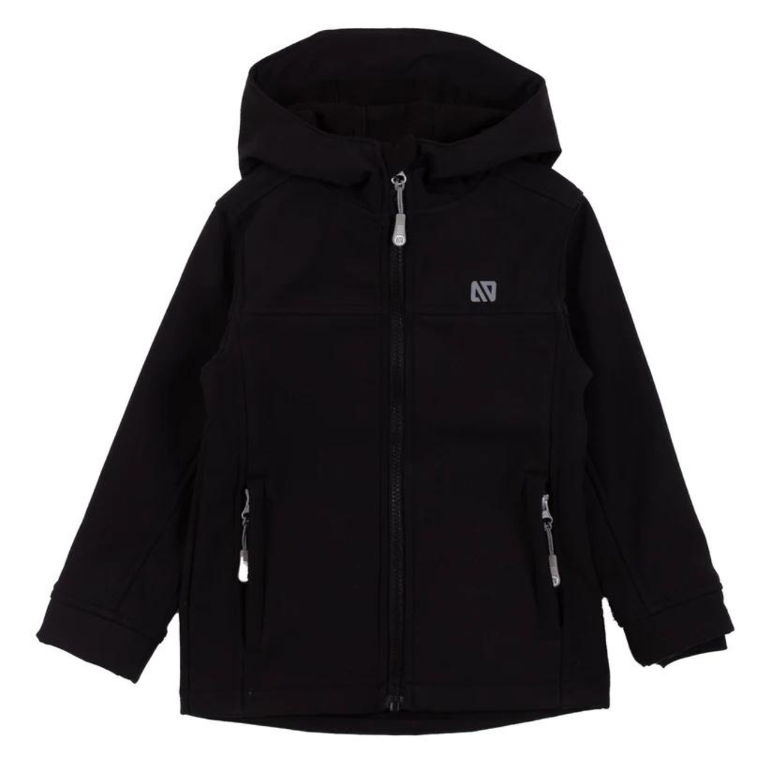 COQUILLE SOUPLE NANÖ IMPERMÉABLE POUR ENFANT (7 À 14) couleur noir vu du manteau noir avec capuchon à plat de face