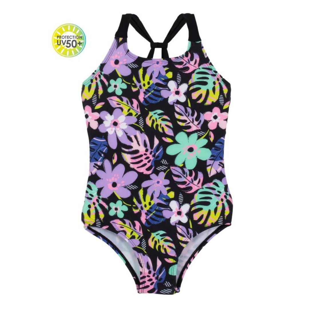 MAILLOT DE BAIN UV UNE-PIÈCE NANÖ POUR FILLE couleur noir vu du maillot noir avec imprimé de fleurs lilas, turquoise et rose à plat de face