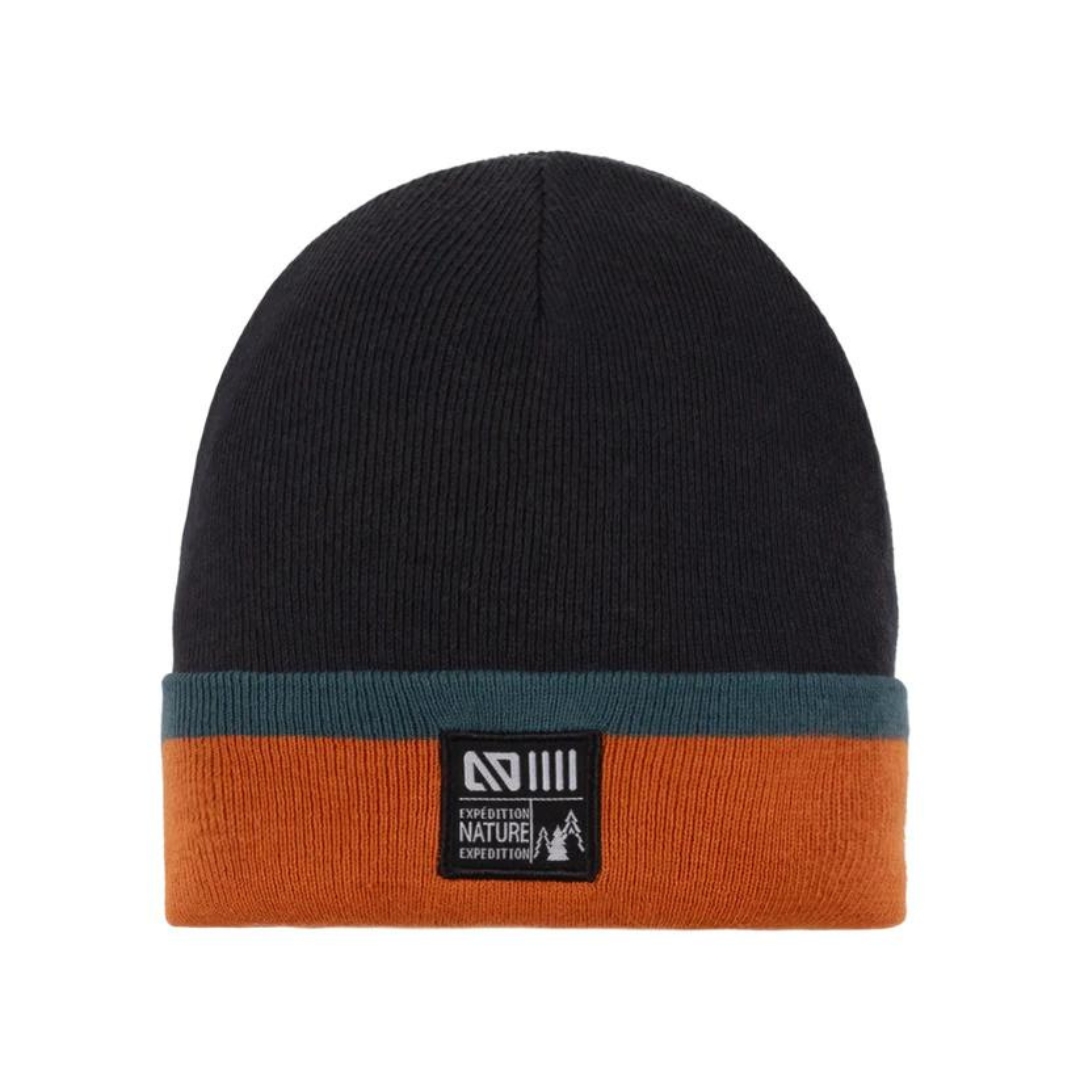 TUQUE EN TRICOT NANÖ POUR GARÇON couleur charbon vu de la tuque marine , orange brulé et vert turquoise à plat de face