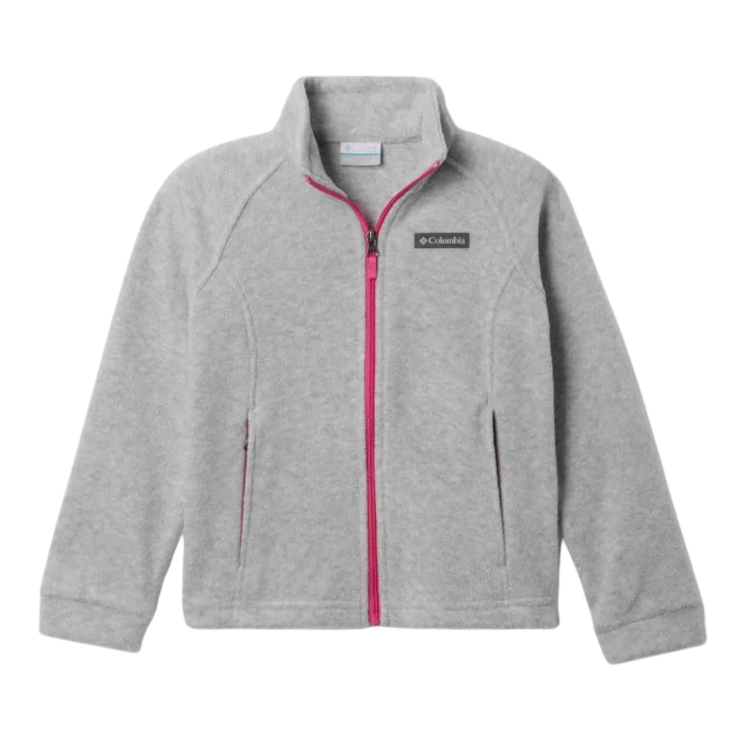 VESTE EN LAINE POLAIRE COLUMBIA BENTON SPRINGS POUR FILLE couleur 032-CIRRUS GREY vue de la veste grise pale avec fermeture éclair rose à plat de face