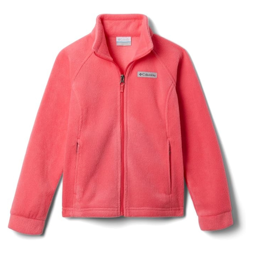 VESTE EN LAINE POLAIRE COLUMBIA BENTON SPRINGS POUR FILLE couleur 679-BRIGHT GERANIUM vue de la veste pêche orangée à plat de face