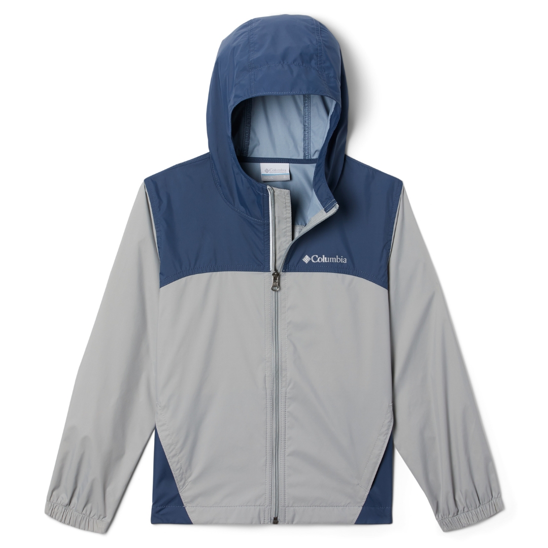 MANTEAU DE PLUIE COLUMBIA GLENNAKER POUR GARÇON couleur 042 Columbia Grey, Dark Mountain vu du manteau gris et bleu acier foncé à plat de face