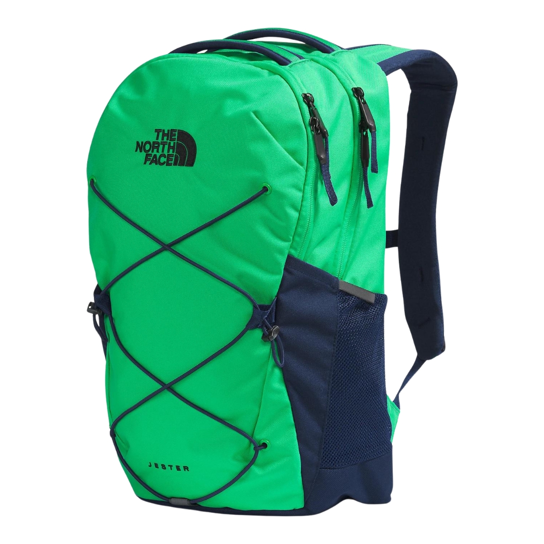 SAC À DOS THE NORTH FACE JESTER 27L POUR HOMME couleur Émeraude optique/Bleu marine Summit vu du sac vert emeraude clair et bleu marin de profil avant gauche