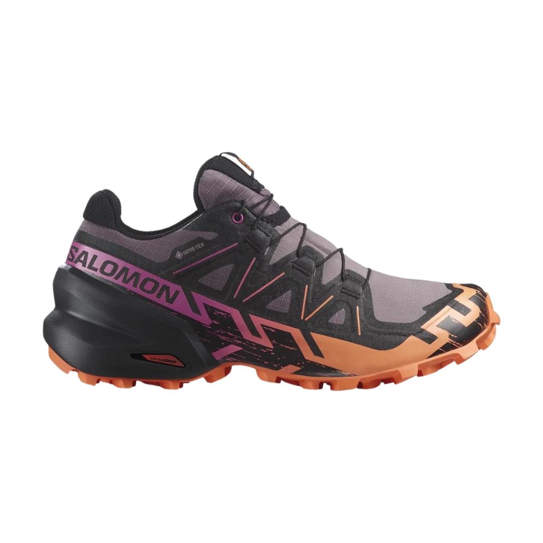 CHAUSSURE DE COURSE SUR SENTIER SALOMON SPEEDCROSS 6 GTX POUR FEMME COULEUR MOONSCAPE/BLACK/BIRD OF PARADISE VU DE LA CHAUSSURE NOIRE, ROSE, MAUVE ET PÊCHE DE PROFIL DROIT