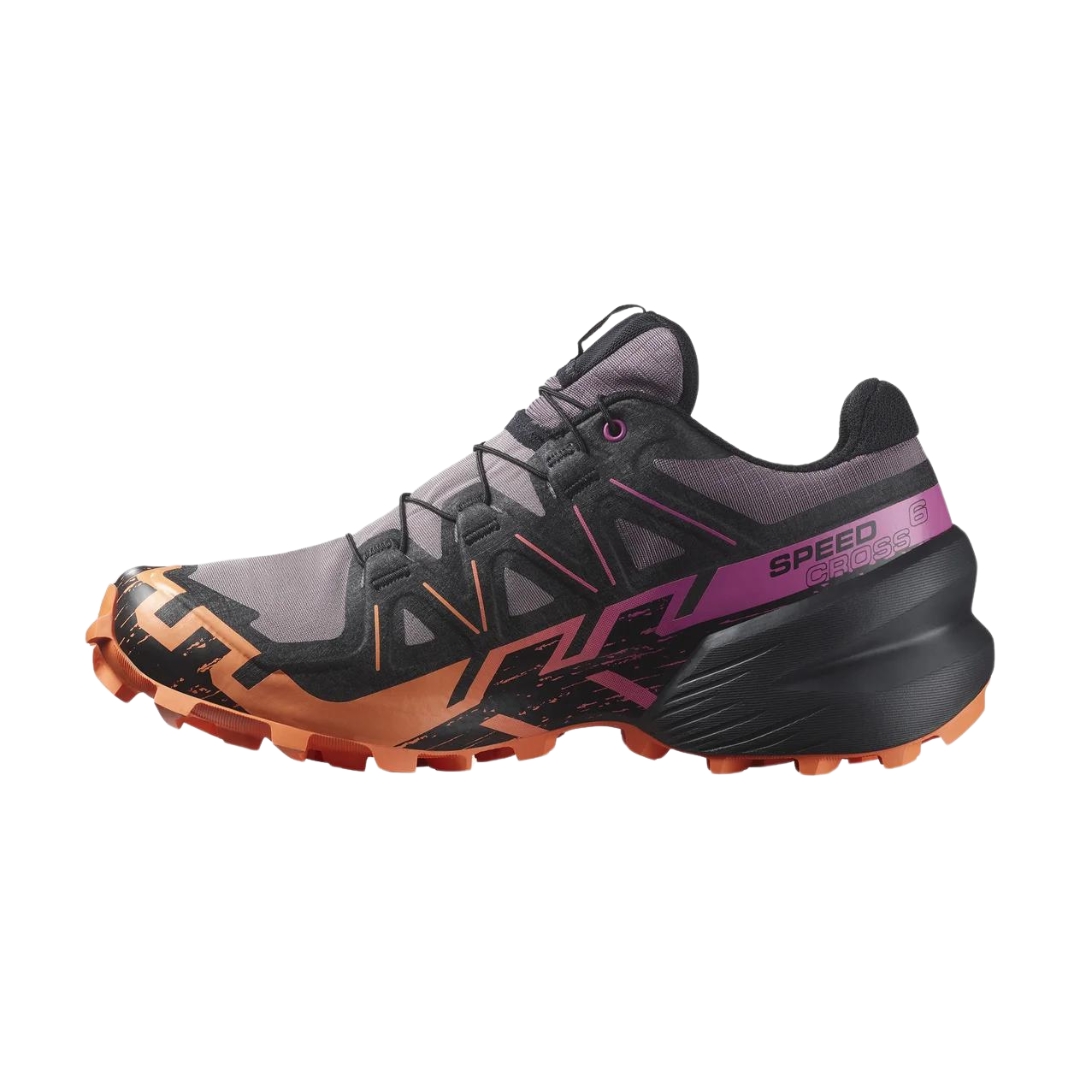 CHAUSSURE DE COURSE SUR SENTIER SALOMON SPEEDCROSS 6 GTX POUR FEMME COULEUR MOONSCAPE/BLACK/BIRD OF PARADISE VU DE LA CHAUSSURE NOIRE, ROSE, MAUVE ET PÊCHE DE PROFIL GAUCHE