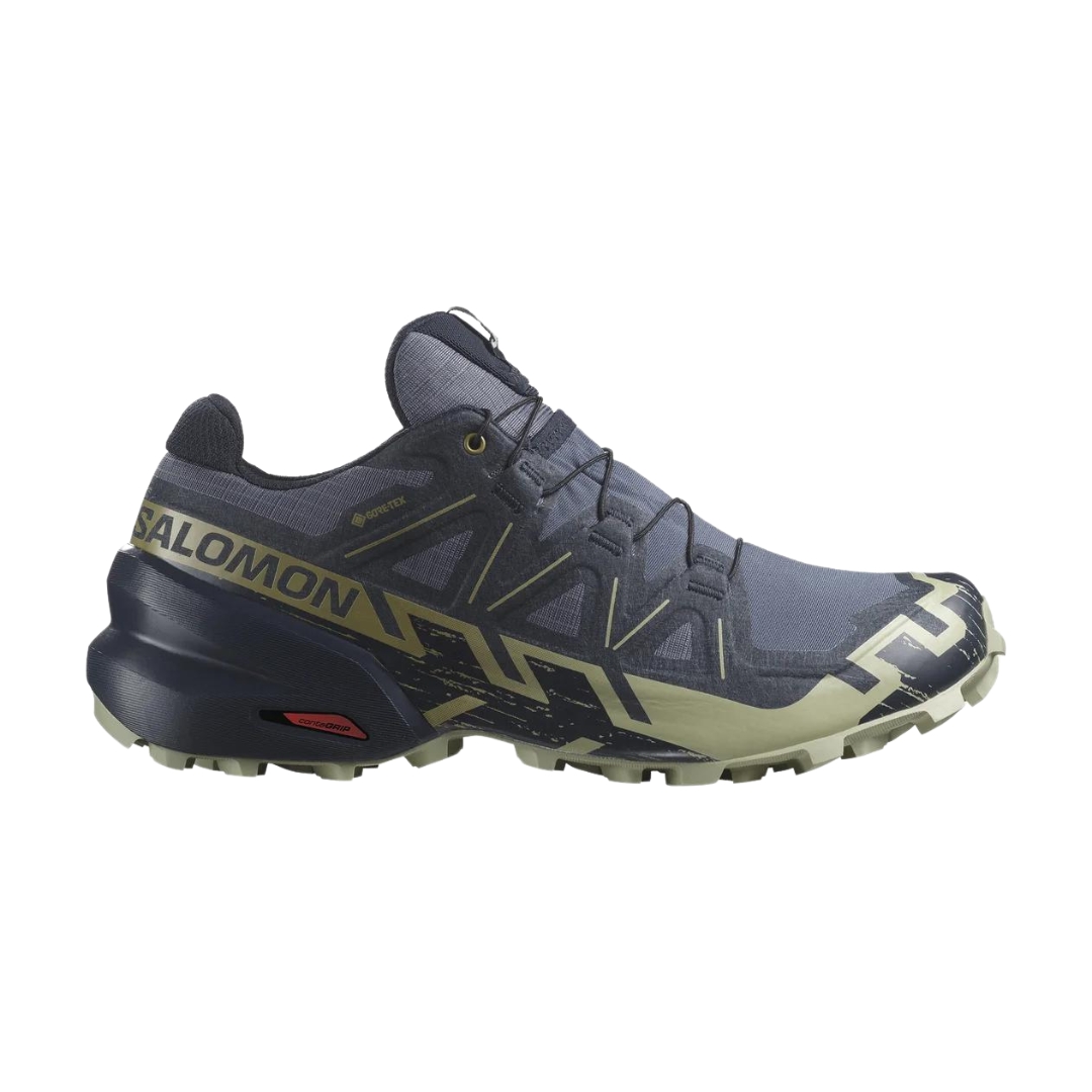 CHAUSSURE DE COURSE SUR SENTIER SALOMON SPEEDCROSS 6 GORE-TEX POUR HOMME COULEUR GRISAILLE/CARBON/TEA VUE DE LA CHAUSSURE NOIRE, GRIS BLEUTÉ ET VERT KAKI DE PROFIL DROIT