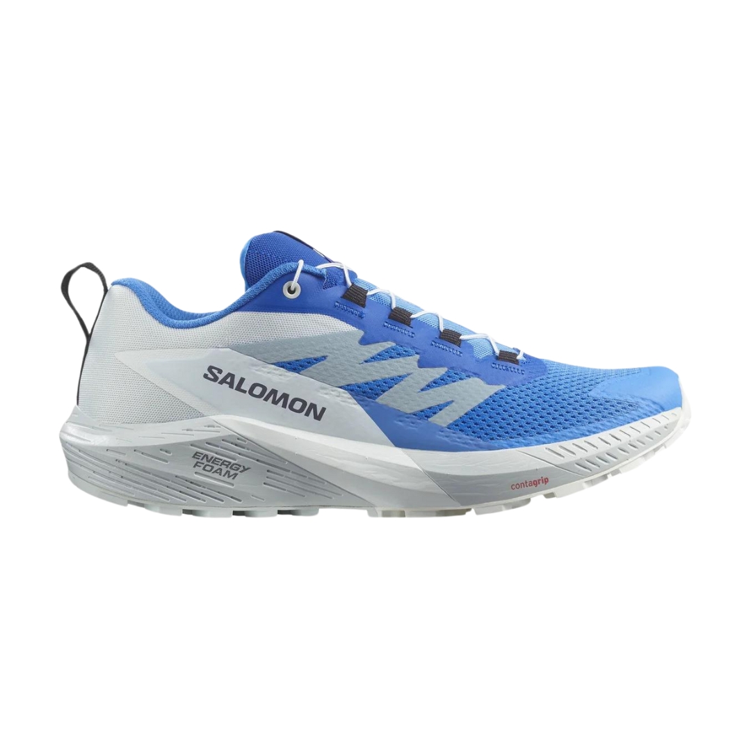 CHAUSSURE DE COURSE SUR SENTIER SALOMON SENSE RIDE 5 POUR HOMME couleur Ibiza Blue / Lapis Blue / White vue de la chaussure bleue et blanche de profil droit