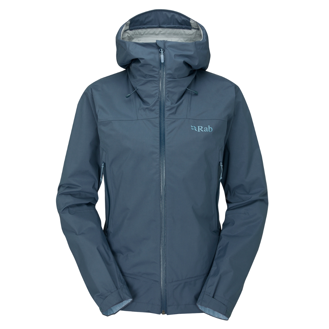 MANTEAU IMPERMÉABLE RAB DOWNPUR PLUS 2.0 POUR FEMME vu couleur orion blue vu du manteau bleu acier de face