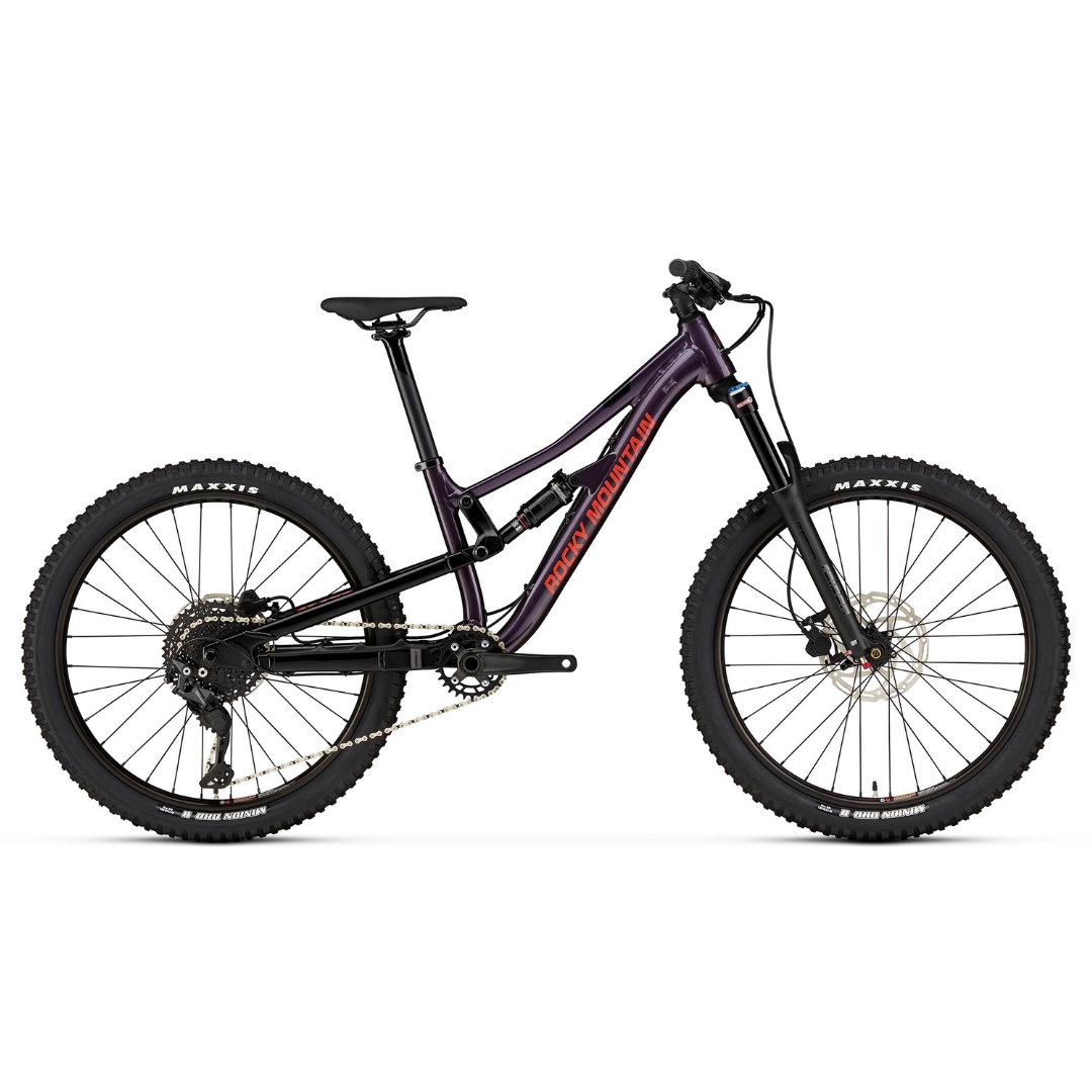 VÉLO DE MONTAGNE ROCKY MOUNTAIN REAPER 24 POUR JUNIOR couleur BLACK/PURPLE vu du vélo violet et noir lettré orange de profil droit