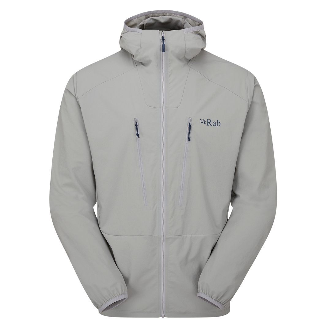 MANTEAU À CAPUCHON RAB BOREALIS POUR HOMME COULEUR LIGHT ZINC VU DU MANTEAU GRIS PALE DE FACE