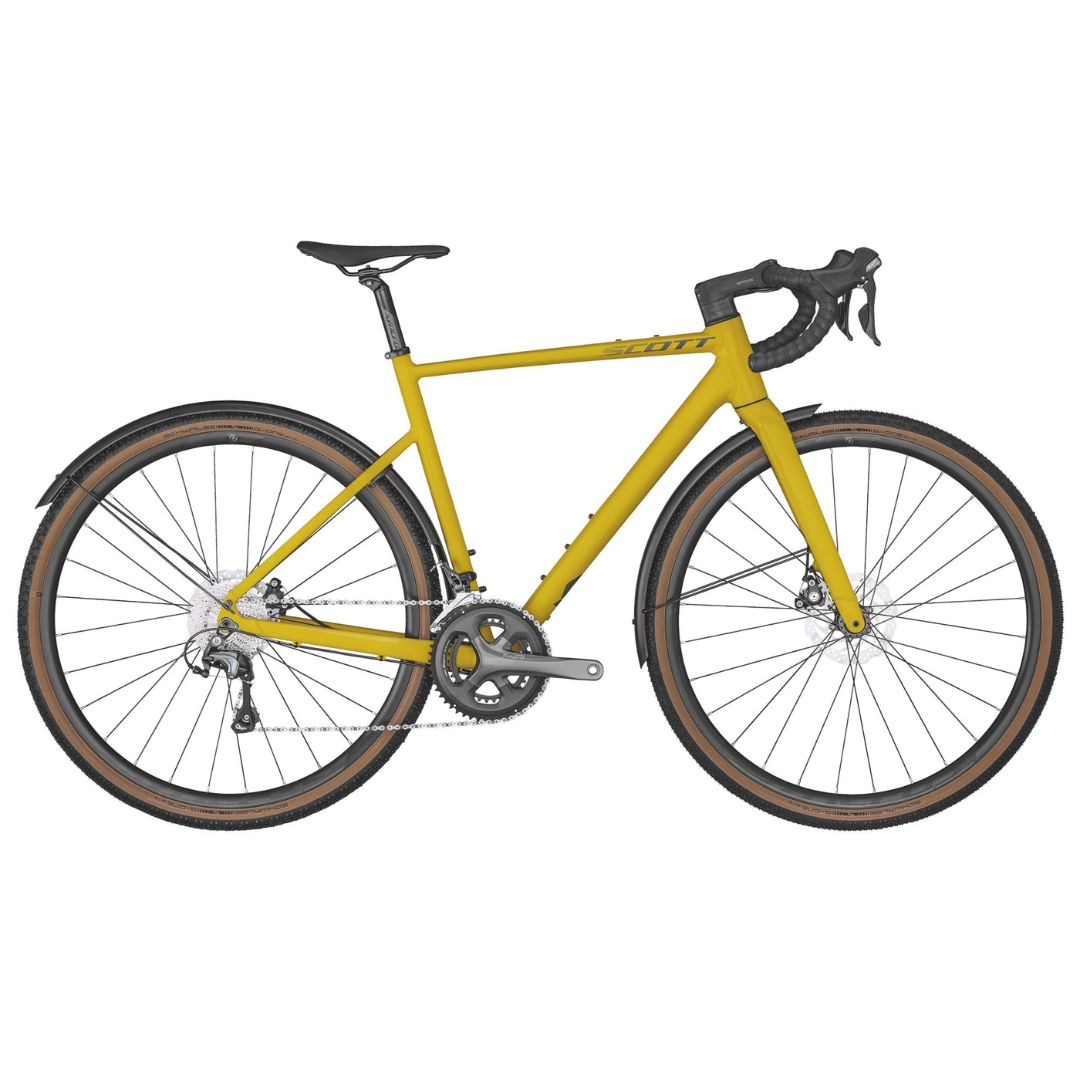 VÉLO DE GRAVEL SCOTT SPEEDSTER 40 EQ VU DU VÉLO JAUNE ET GRIS DE PROFIL DROIT