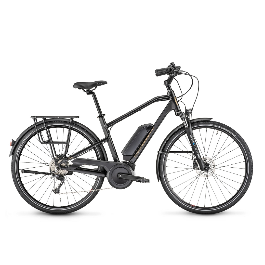 VÉLO ÉLECTRIQUE MOUSTACHE SAMEDI 28.1 400 Wh couleur noir mat vu du vélo noir de profi ldroit