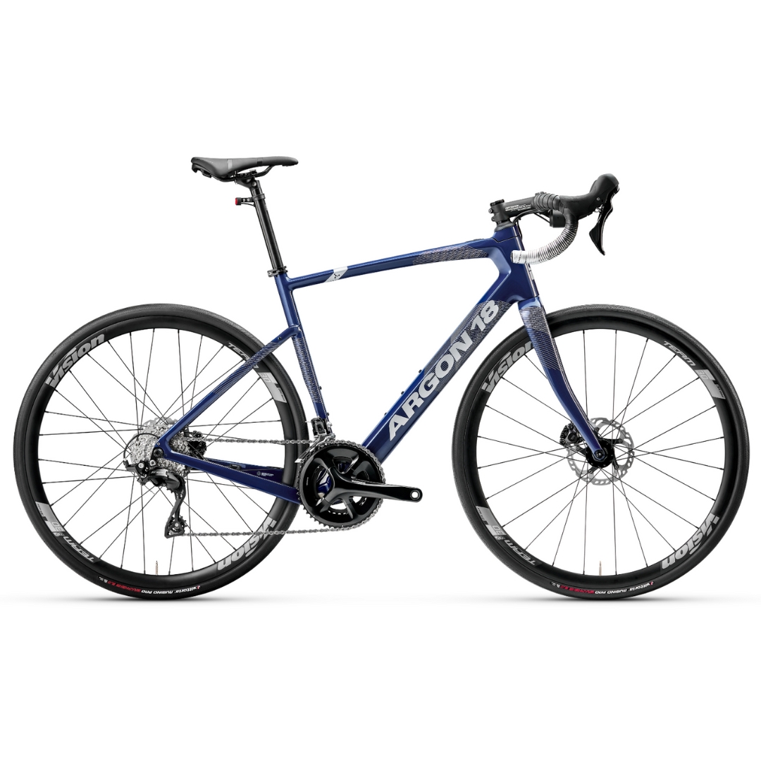 VÉLO DE ROUTE ÉLECTRIQUE ARGON 18 SUBITO ROAD ULTEGRA 105 COULEUR DEEP BLUE VU DU VÉLO BLEU MARIN DE PROFIL DROIT