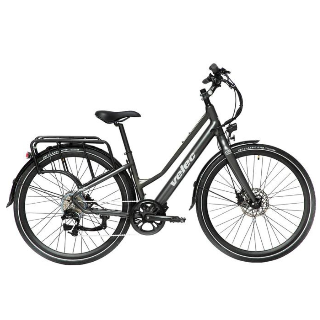 VÉLO URBAIN ÉLECTRIQUE VELEC CITI 350 BATTERIE 36V/10AH (360 WH) couleur titane vu du vélo gris et noir de profil droit