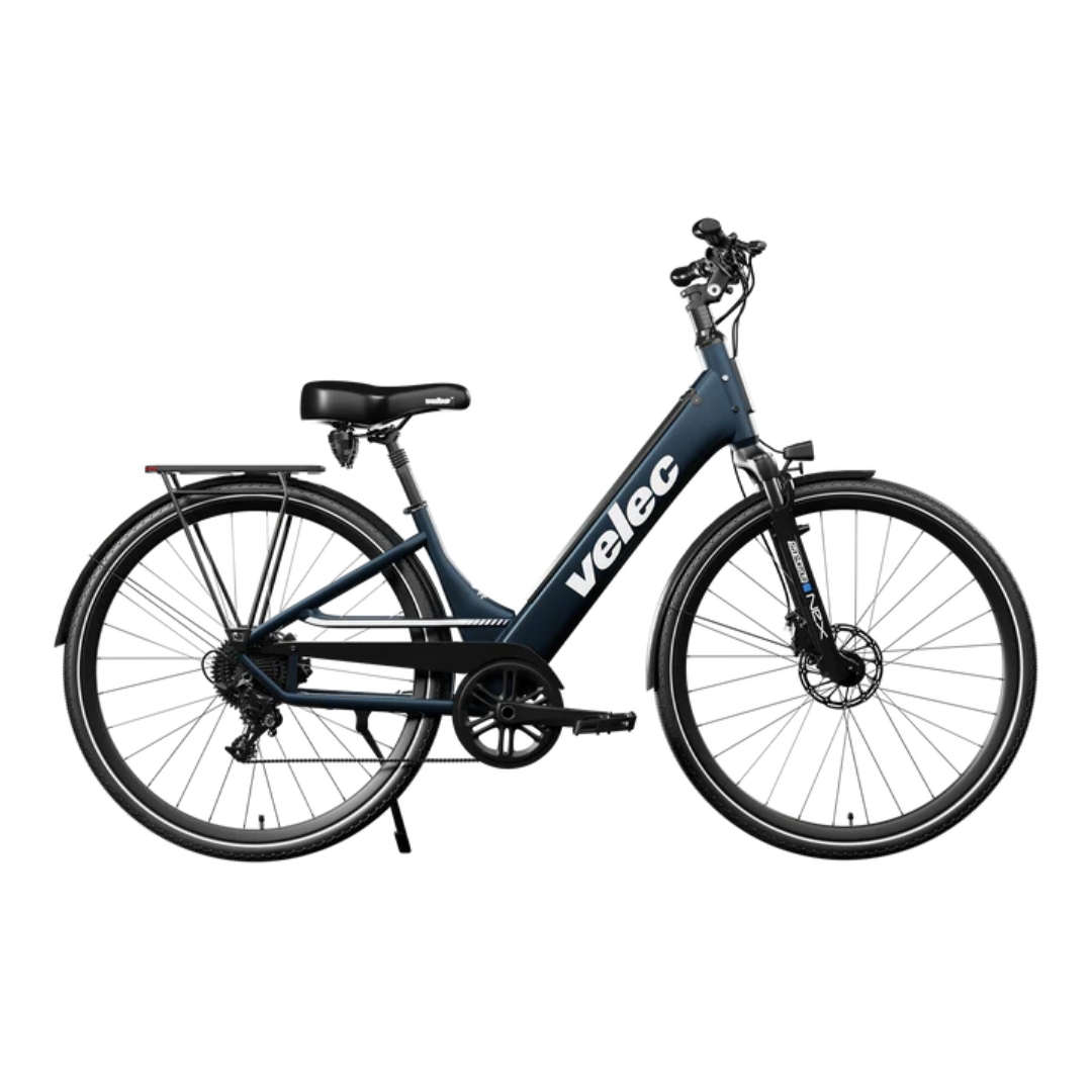 VÉLO ÉLECTRIQUE URBAIN VELEC R48I  COULEUR BLEU DU DU VÉLO BLEU MARIN DE PROFIL DROIT