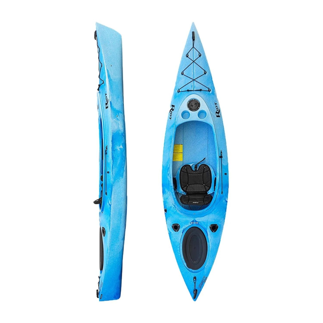 KAYAK RIOT QUEST 10 HV couleur white/blue vu du kayak bleu et blanc de profil droit et du dessus