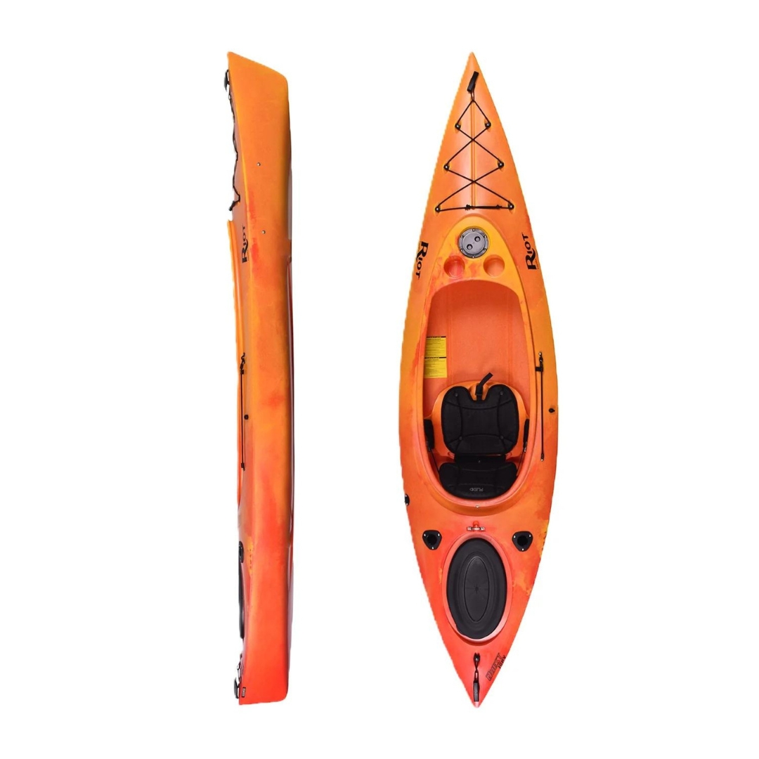 KAYAK RIOT QUEST 10 HV couleur sunset vu du kayak orange et jaune du dessus et de profil droit