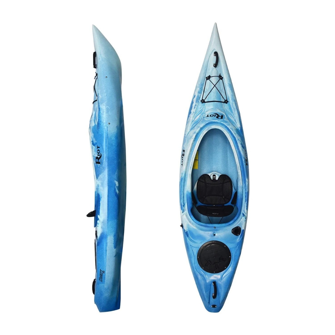 KAYAK RIOT QUEST 10 FLEX 4 COULEUR WHITE /BLUE VU DU KAYAK BLANC ET BLEU DU DESSUS ET DE PROFIL DROIT