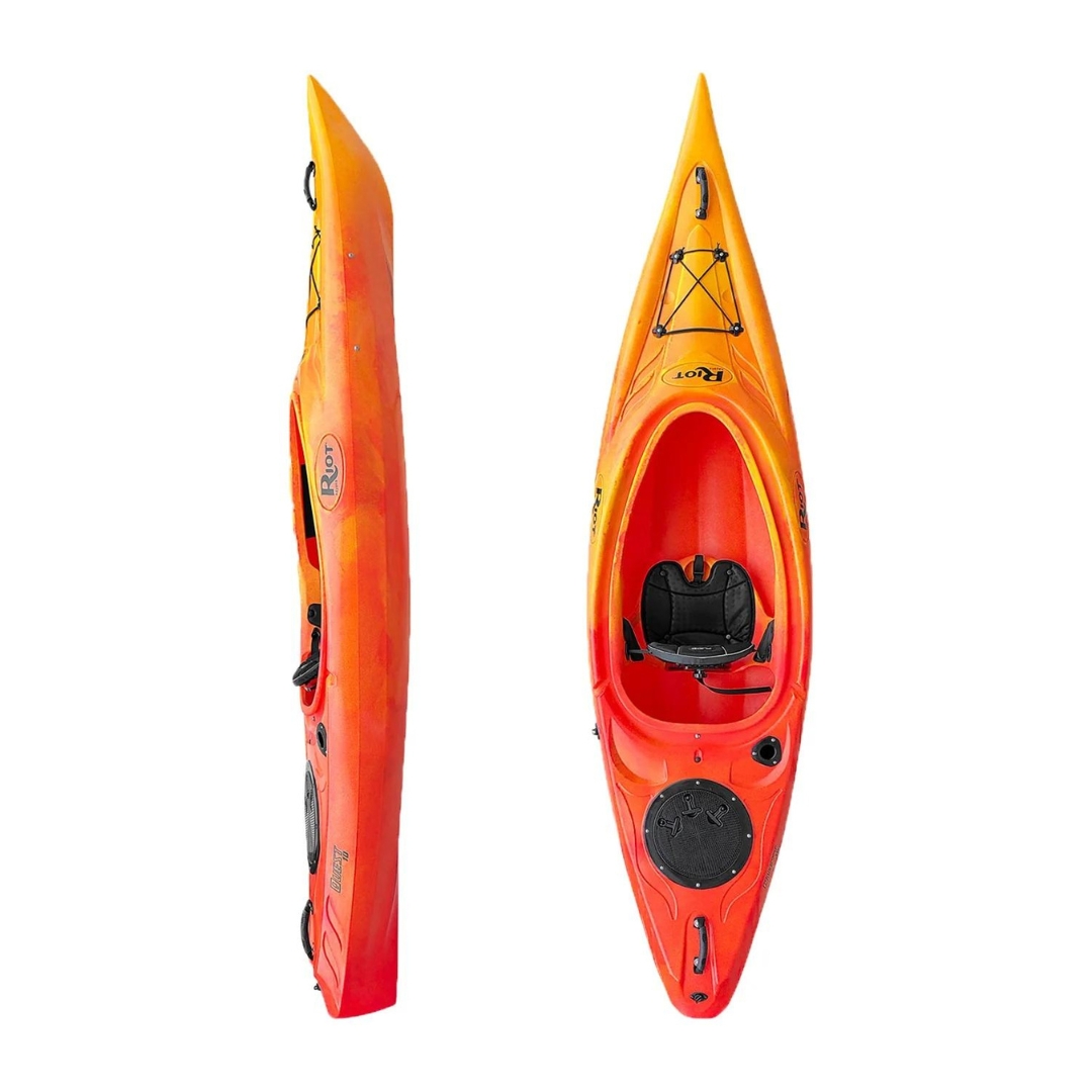 KAYAK RIOT QUEST 10 FLEX 4 COULEUR sunset vu du kayak orange et jaune DU DESSUS ET DE PROFIL DROIT