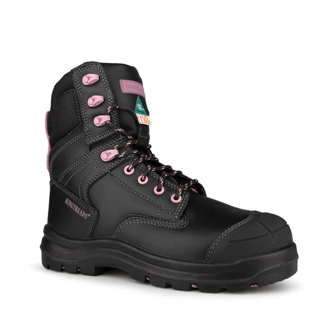 BOTTE DE SÉCURITÉ KINGTREADS REVOLVE POUR FEMME COULEUR NOIR ET ROSE VU DE LA BOTTE NOIRE AVEC DÉTAILS ROSES DE PROFIL AVANT DROIT