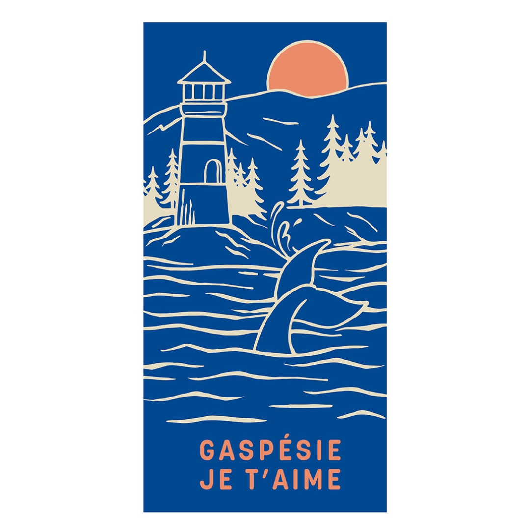 SERVIETTE DE PLAGE GASPÉSIE JE T'AIME LOGO PHARE couleur bleu du de la serviette du dessus