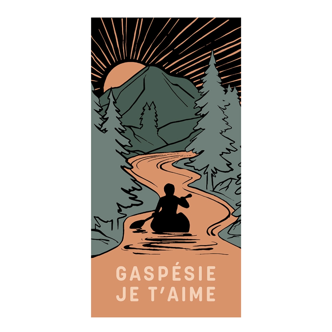 SERVIETTE DE PLAGE GASPÉSIE JE T'AIME LOGO PAYSAGE-CANOT COULEUR PÊCHE VU DE LA SERVIETTE DU DESSUS