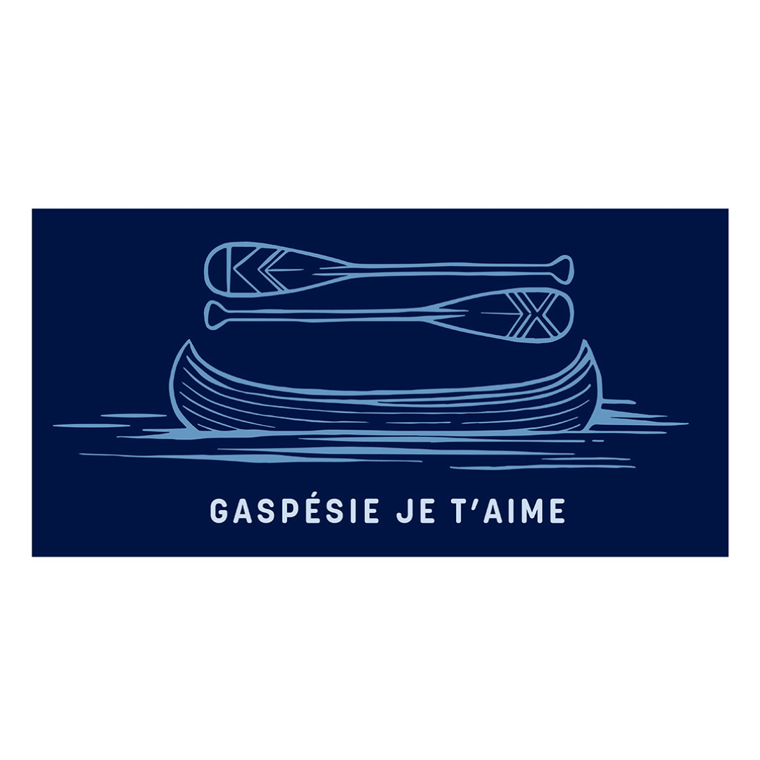 SERVIETTE DE PLAGE GASPÉSIE JE T'AIME LOGO CANOT PAGAIE COULEUR MARINE VU DE LA SERVIETTE DU DESSUS