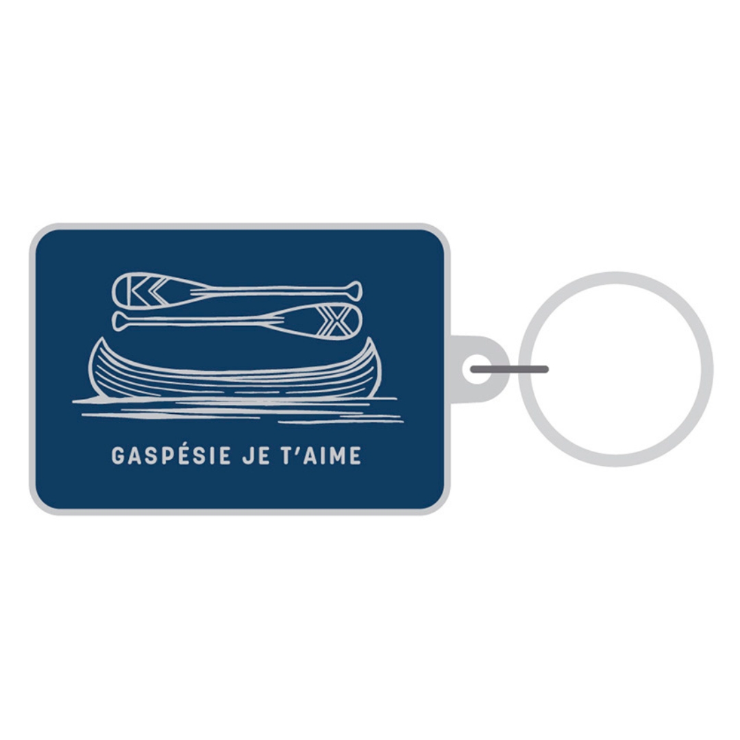 PORTE CLÉ GASPÉSIE JE T'AIME LOGO CANOT PAGAIES COULEUR MARINE VU DU PORTE CLÉ DE FACE