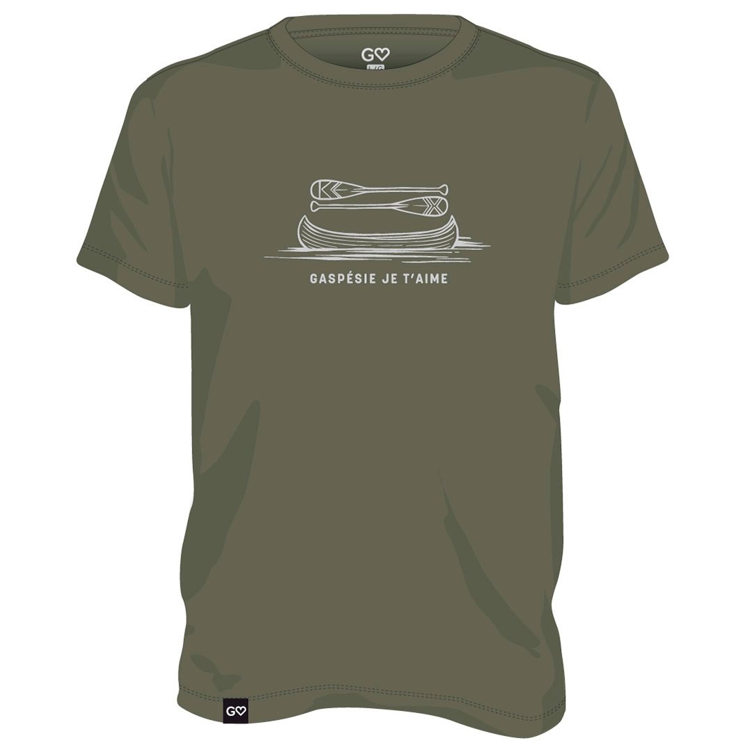 t-SHIRT GASPÉSIE JE T’AIME LOGO CANOT PAGAIES POUR HOMME couleur vert militaire vu du chandail vert armée de face
