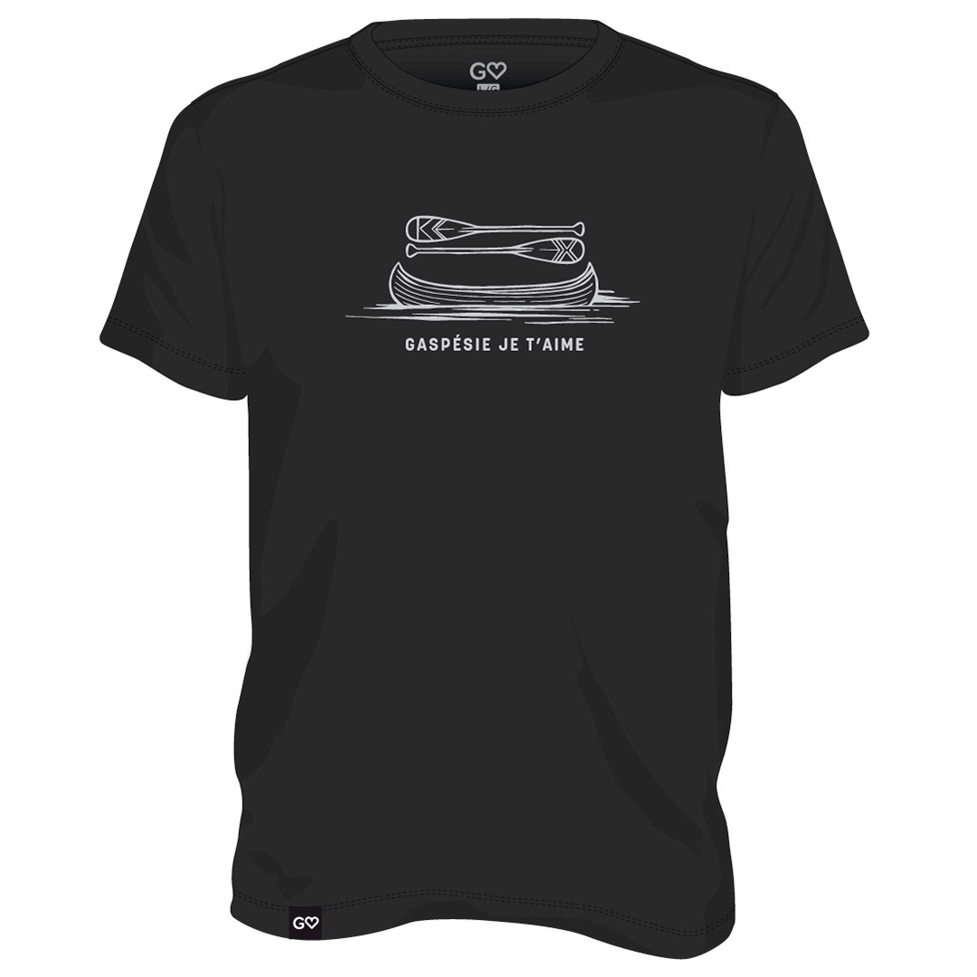 t-SHIRT GASPÉSIE JE T’AIME LOGO CANOT PAGAIES POUR HOMME couleur noir vu du t-shirt noir de face