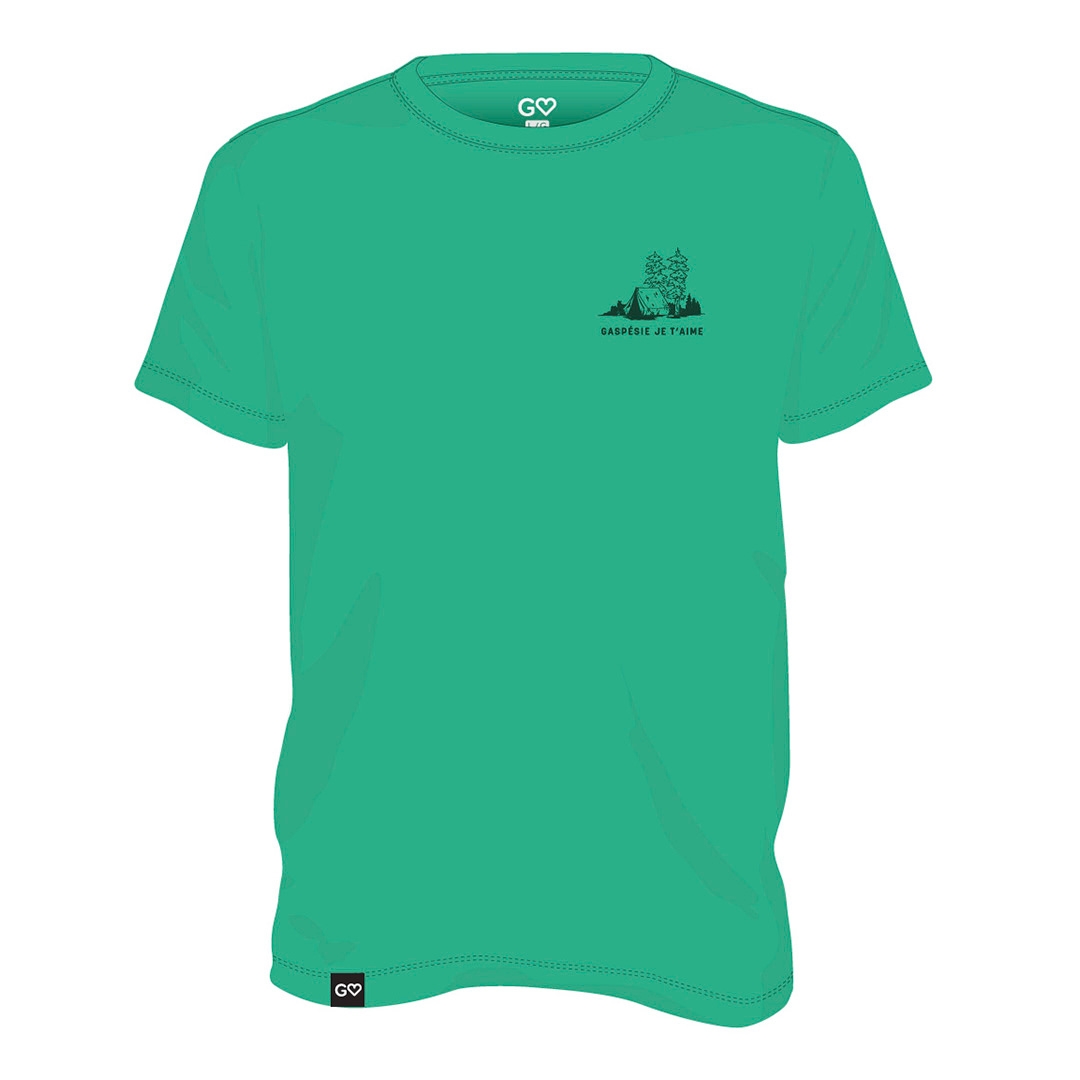 T-SHIRT GASPÉSIE JE T’AIME LOGO TENTE POUR HOMME  COULEUR VERT KELLY VU DU T-SHIRT VERT EMMERAUDE DE FACE