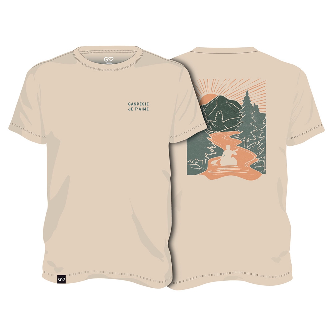 T-SHIRT GASPÉSIE JE T’AIME LOGO PAYSAGE CANOT POUR HOMME couleur naturel vu du chandail blanc cassé de face et de dos