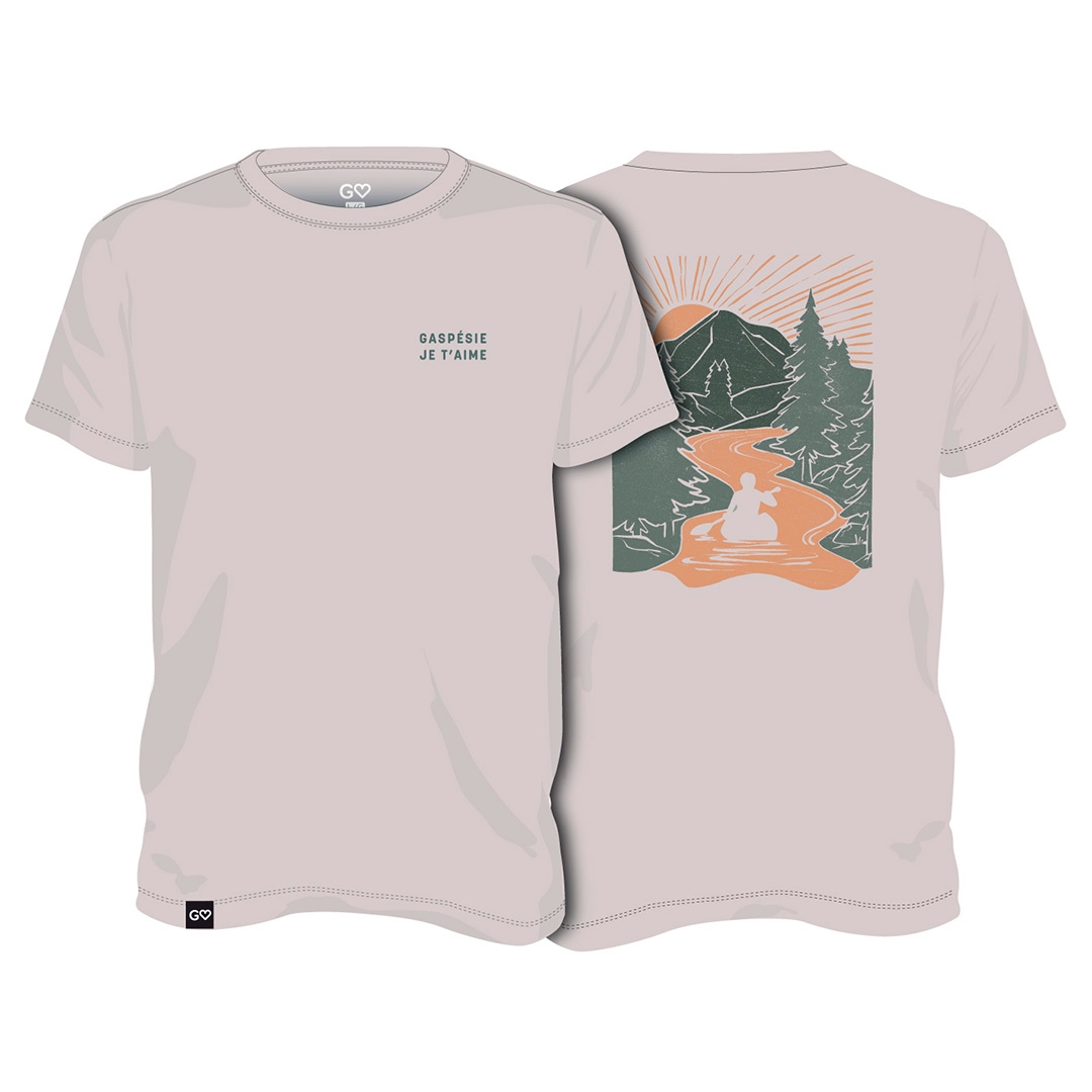 T-SHIRT GASPÉSIE JE T’AIME LOGO PAYSAGE CANOT POUR HOMME couleur gris glacé vu du chandail gris pale de face et de dos