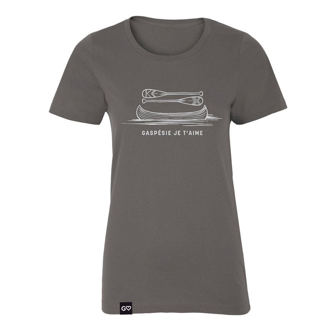 T-SHIRT GASPÉSIE JE T’AIME LOGO CANOT PAGAIES POUR femme couleur gris charbon vu du chandail gris foncé de face