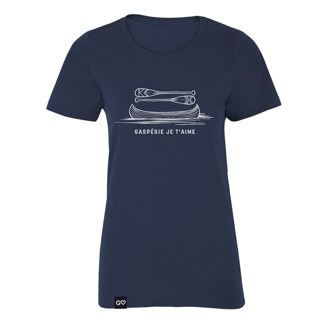 T-SHIRT GASPÉSIE JE T’AIME LOGO CANOT PAGAIES POUR femme couleur marine vu du chandail bleu marin de face