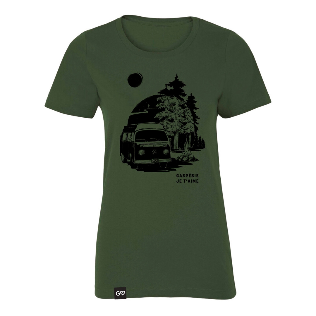 T-SHIRT GASPÉSIE JE T’AIME LOGO WESTFALIA POUR FEMME couleur vert foret vu du chandail vert foncé de face