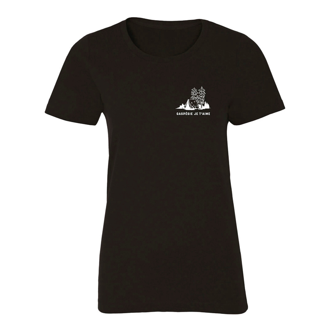 T-SHIRT GASPÉSIE JE T’AIME LOGO TENTE POUR femme couleur noir vu du chandail noir de face