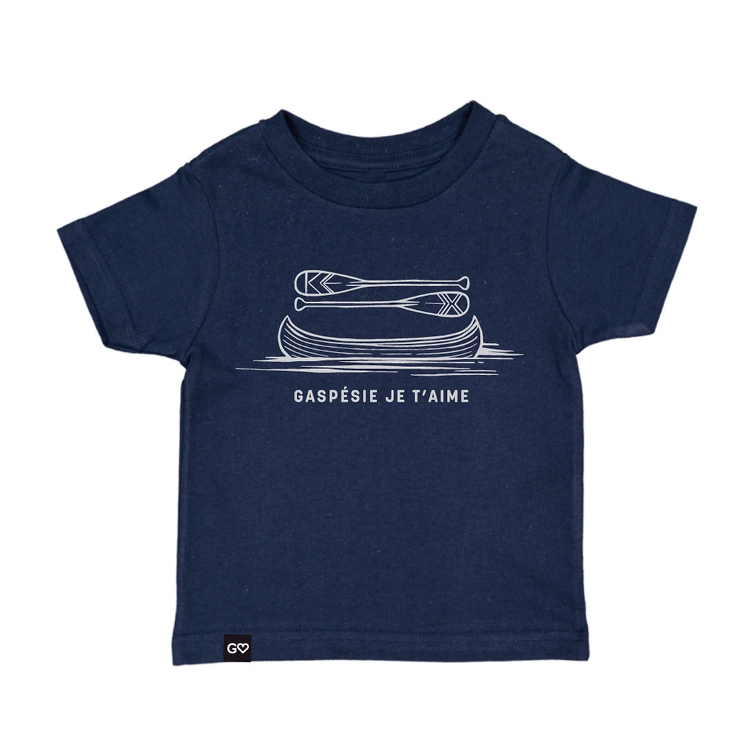 T-SHIRT GASPÉSIE JE T’AIME LOGO CANOT PAGAIES POUR bébé couleur marine vu du chandail bleu marin foncé de face