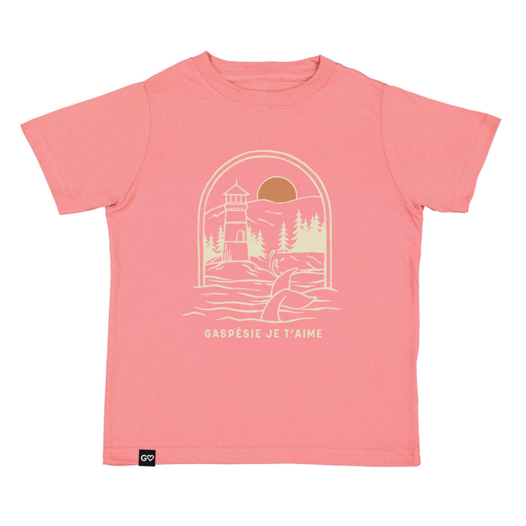 T-SHIRT GASPÉSIE JE T’AIME LOGO PHARE POUR BÉBÉ couleur MAUVELOUS PINK vu du chandail rose/pêche de face