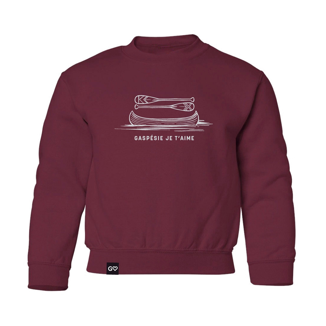 CHANDAIL CREW NECK À MANCHES LONGUES GASPÉSIE JE T’AIME LOGO CANOT PAGAIES POUR JUNIOR couleur MARRON vu du chandail rouge à manches longes de face