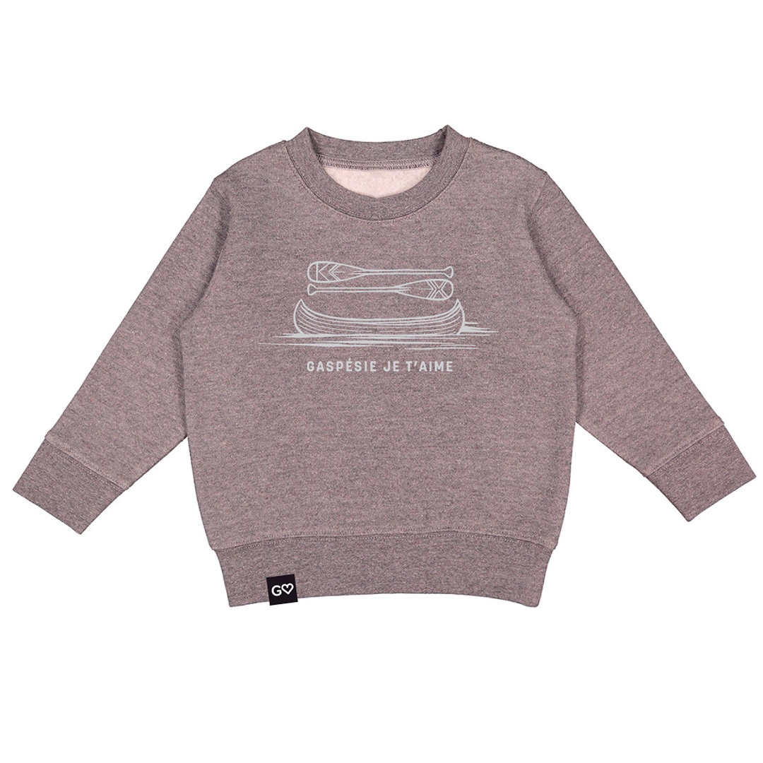 CHANDAIL CREW NECK À MANCHES LONGUES GASPÉSIE JE T’AIME LOGO CANOT PAGAIES POUR BÉBÉ couleur granite vu du chandail gris/rose chiné de face