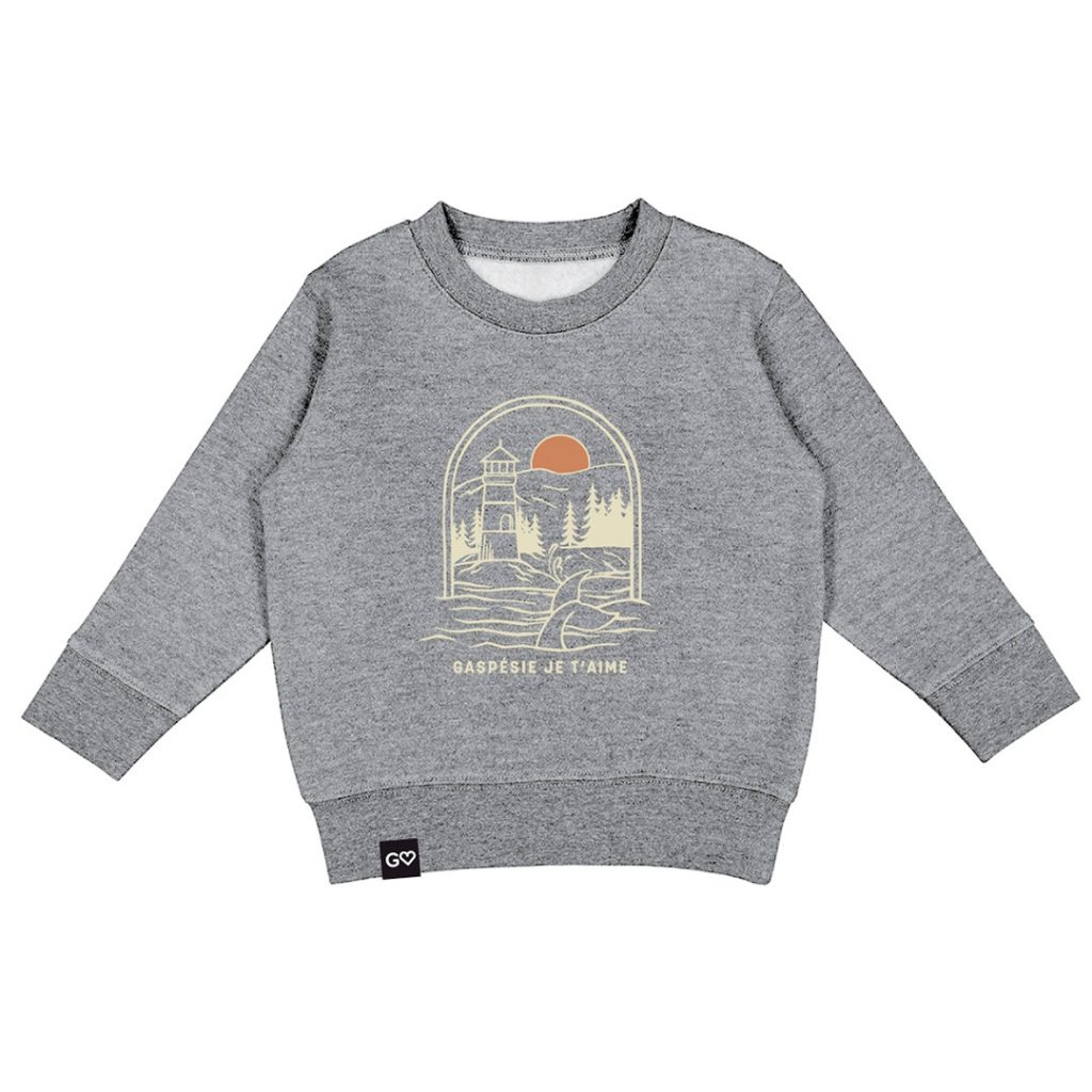 CHANDAIL CREW NECK À MANCHES LONGUES GASPÉSIE JE T’AIME LOGO PHARE POUR BÉBÉ couleur gris cendre vu du chandail gris pale chiné de face