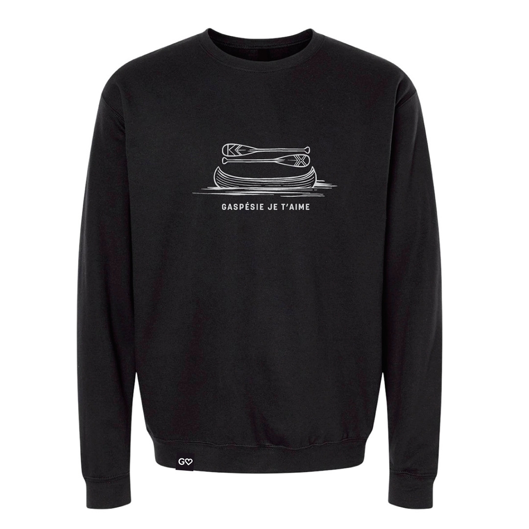 CHANDAIL CREW NECK À MANCHES LONGUES GASPÉSIE JE T’AIME LOGO CANOT PAGAIES UNISEXE ADULTE couleur noir vu du chandail noir à manches longues de face