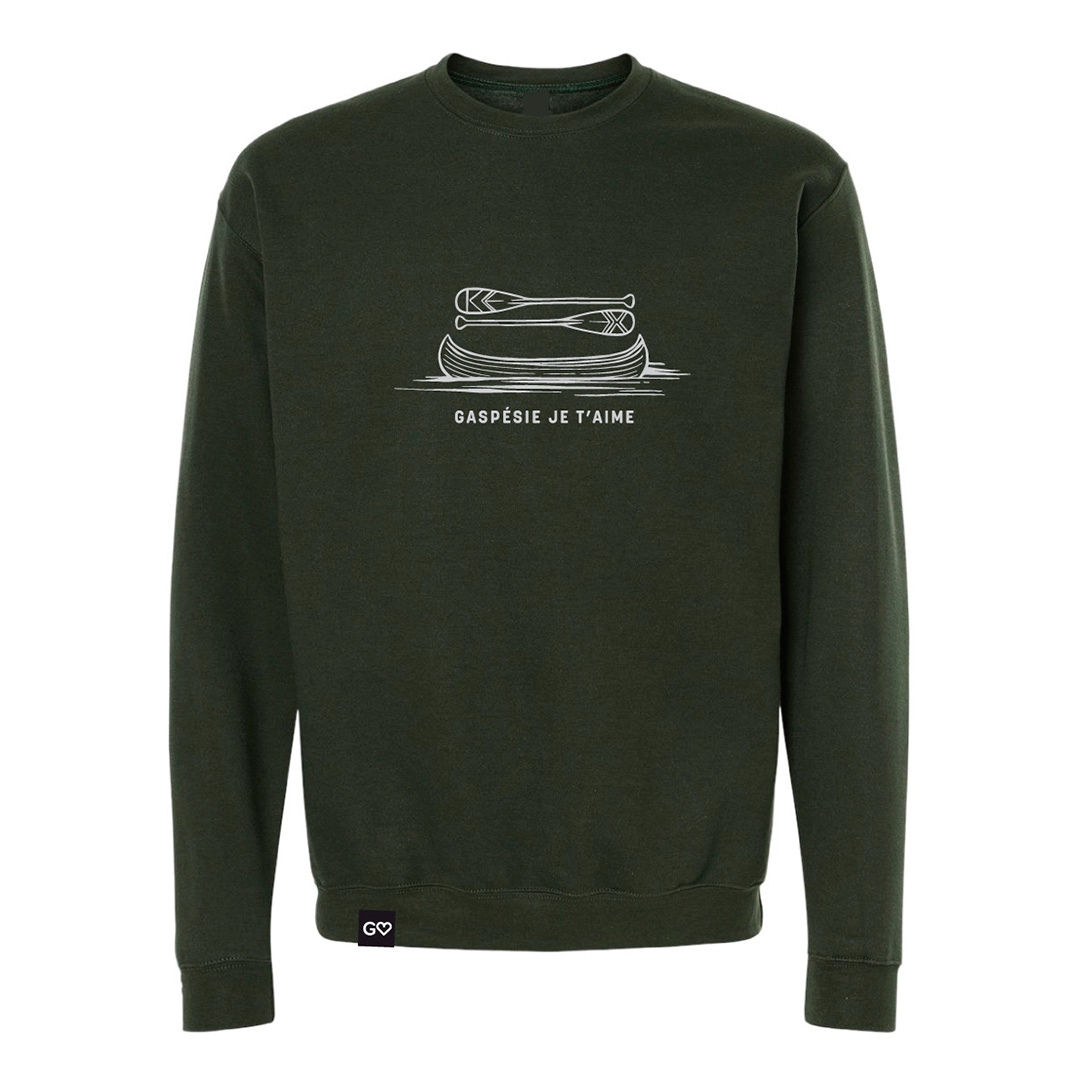 CHANDAIL CREW NECK À MANCHES LONGUES GASPÉSIE JE T’AIME LOGO CANOT PAGAIES UNISEXE ADULTE couleur VERT FORET vu du chandail vert foncé de face
