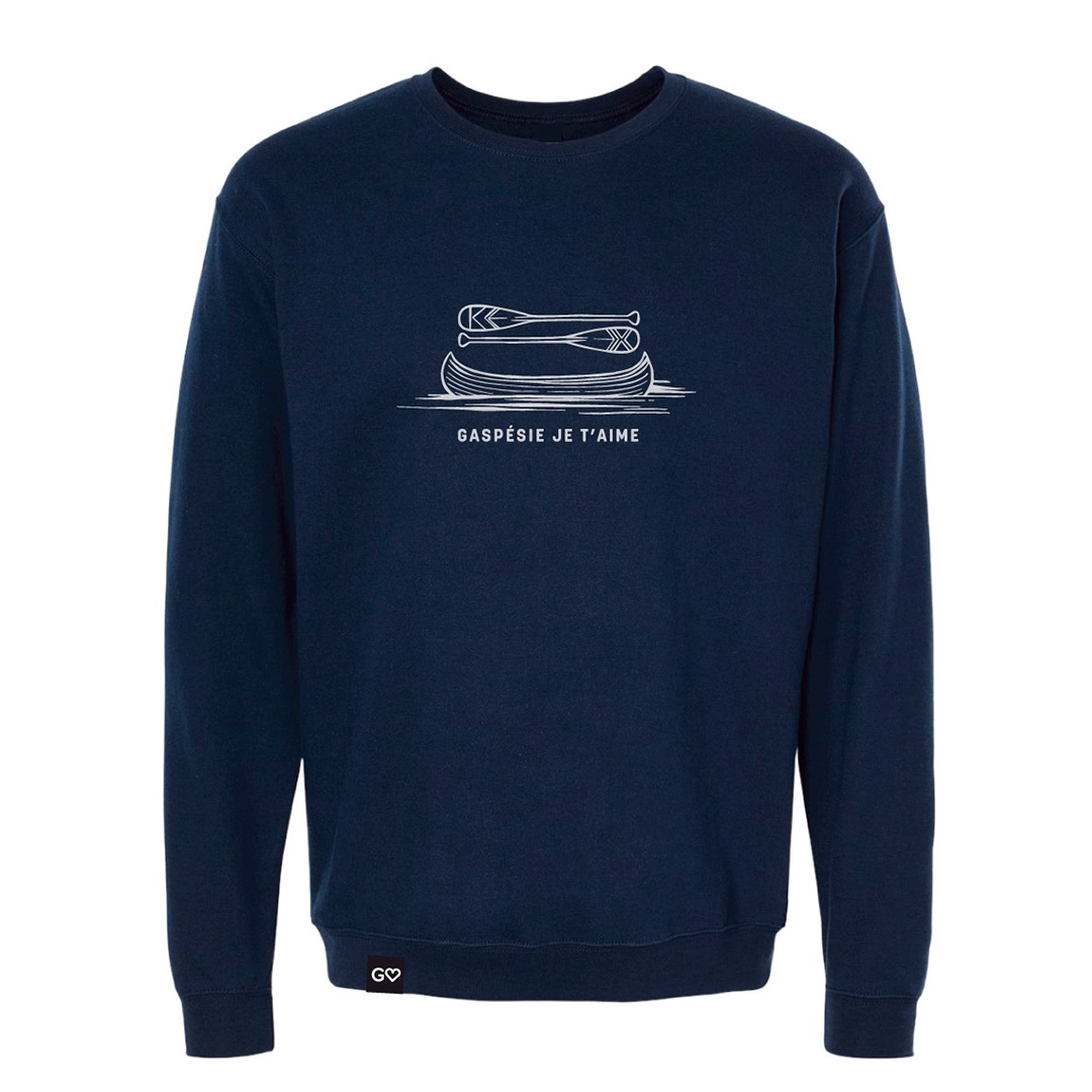 CHANDAIL CREW NECK À MANCHES LONGUES GASPÉSIE JE T’AIME LOGO CANOT PAGAIES UNISEXE ADULTE couleur marine vu du chandail bleu marin foncé de face