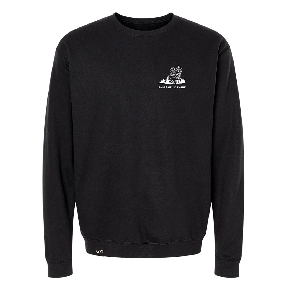 CHANDAIL CREW NECK À MANCHES LONGUES GASPÉSIE JE T’AIME LOGO TENTE UNISEXE ADULTE couleur noir vu du chandail noir à manches longues de face