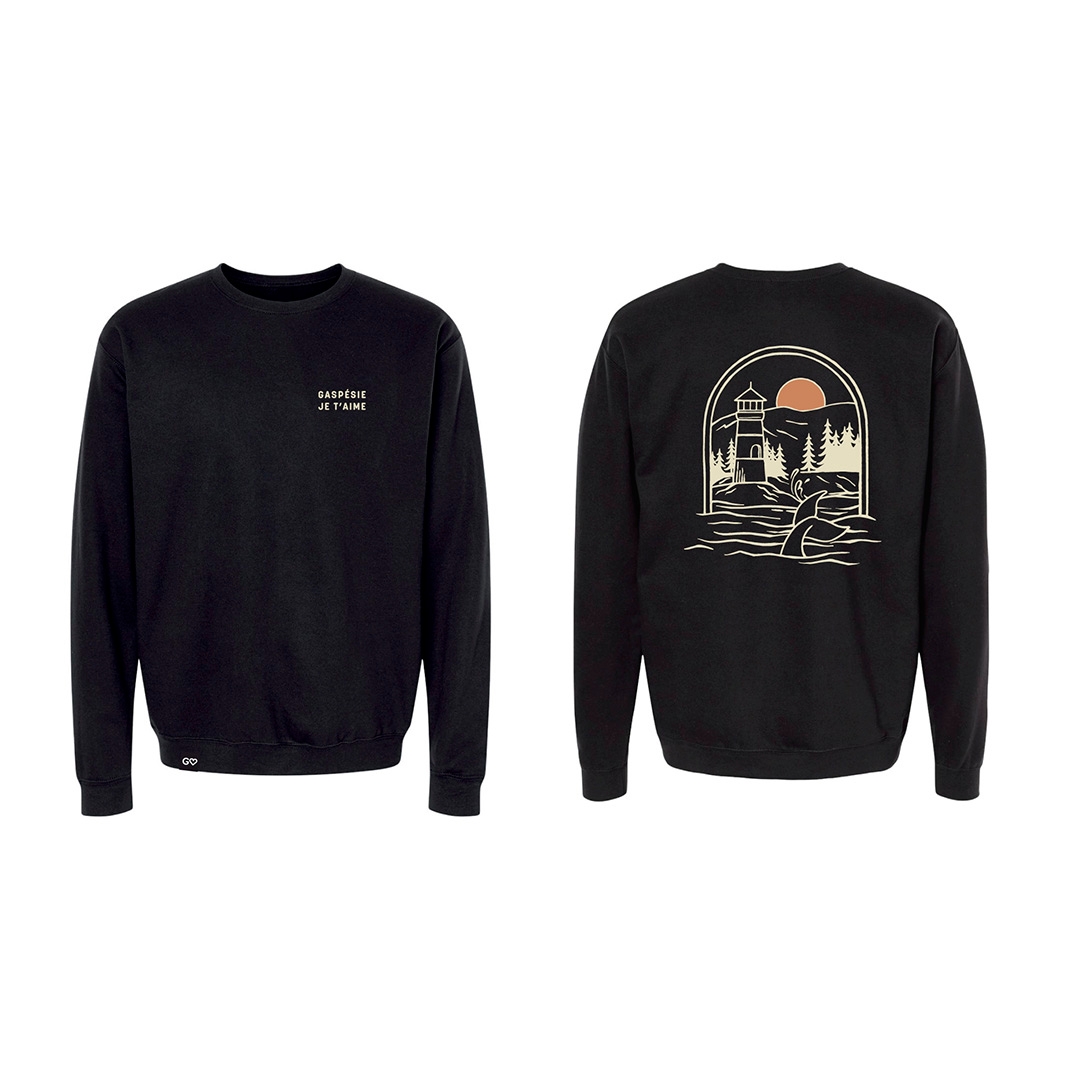 CHANDAIL CREW NECK À MANCHES LONGUES GASPÉSIE JE T’AIME LOGO phare UNISEXE ADULTE couleur noir vu du chandail noir à manches longues de face et de dos